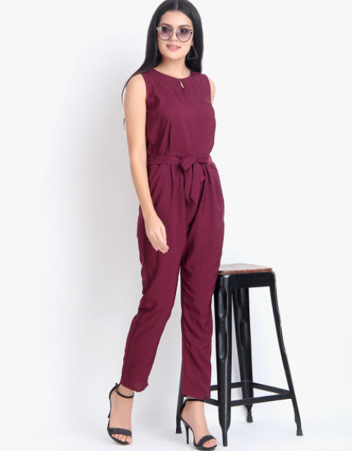 Women Casual Solid Maroon Sleeveless Full Length Crepe Jumpsuit