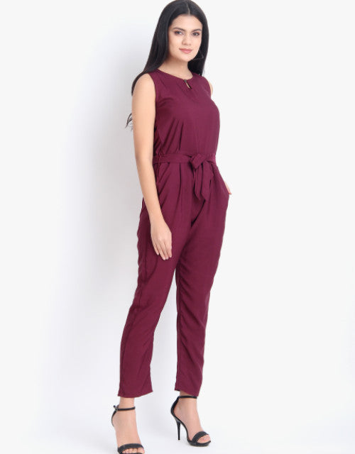 Women Casual Solid Maroon Sleeveless Full Length Crepe Jumpsuit